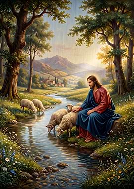 Jesus Christ with Sheep by Stream