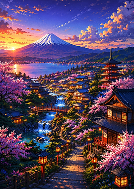 Mount Fuji Sunset Village Landscape