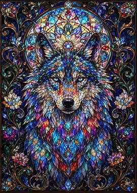 Stained Glass Wolf Mosaic Art