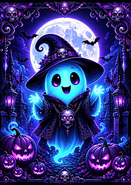 Cute Glowing Ghost Witch Halloween Illustration