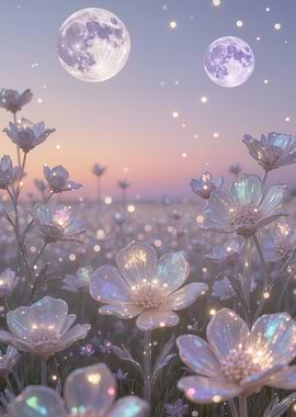 Twin Moons Over a Glowing Flower Field, Dreamy Celestial Wall Art