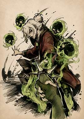 Necromancer Character with Green Spirit Skulls