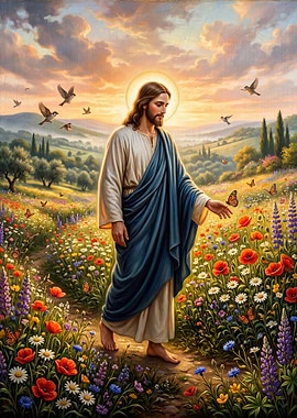 Jesus Walking in a Flower Meadow