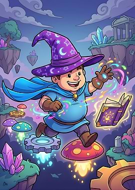 Cartoon Wizard Flying on Mushroom
