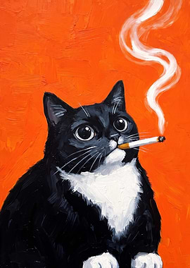 Smoking Tuxedo Cat Oil Painting