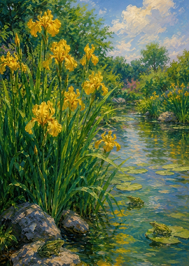 Three Wild Frogs Gathering by Yellow Irises