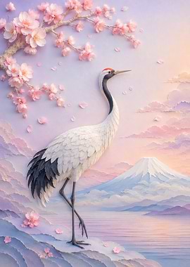 Red-Crowned Crane and Mount Fuji