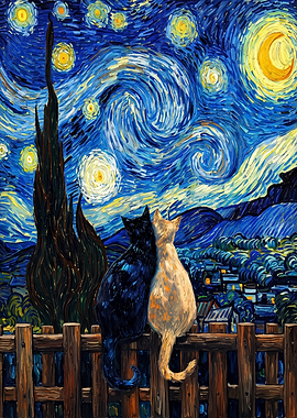 Two Cats Watching Starry Night