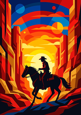 Geometric Cowboy Riding Through Canyon