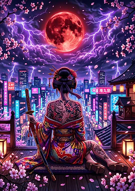 Geisha with Katana Under Red Moon