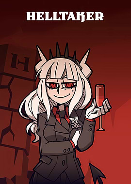 Lucifer from Helltaker holding wine