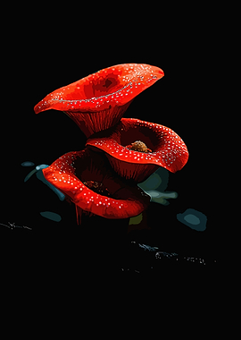 Vibrant Red Mushrooms on Black