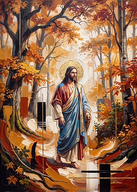 Jesus Walking in Autumn Forest Painting