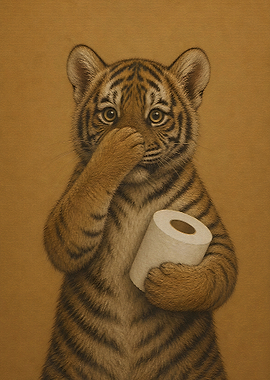 Cute Tiger Cub Holding Toilet Paper