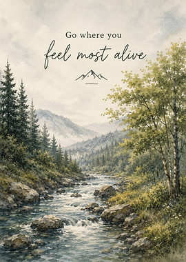 Inspirational Mountain River Watercolor Art