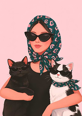 Stylish Woman with Two Cats
