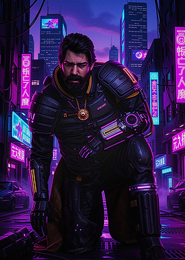 Cyberpunk Warrior Kneeling in Neon City