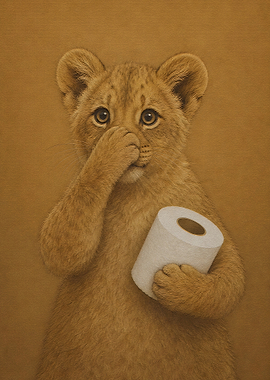 Cute Lion Cub Holding Toilet Paper