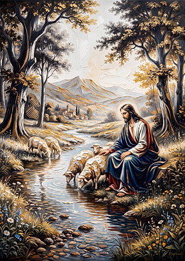 Jesus Christ with Sheep by Stream