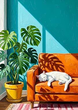White Cat Sleeping on Orange Sofa