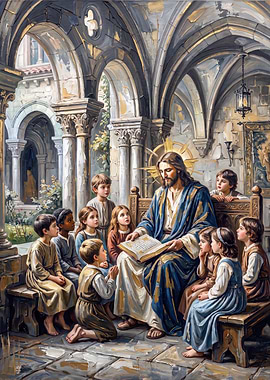 Jesus Teaching Children in Stone Cloister