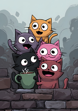 Group of Five Colorful Cartoon Cats with Coffee