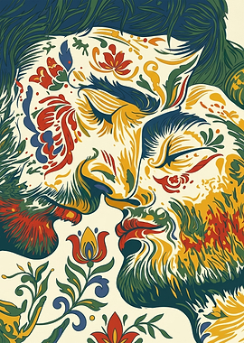 Traditional Kurbits Folk Art Beards Kiss Illustration