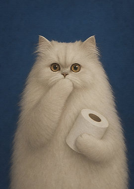 Surprised White Cat Holding Toilet Paper