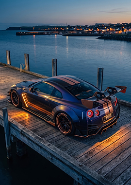Modified Nissan GT-R on Wooden Pier
