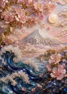 Crystal Mount Fuji and Cherry Blossoms