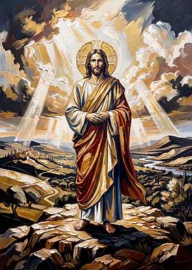 Jesus Christ Standing on Mountain Peak