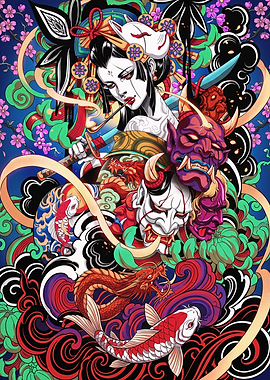 Japanese Oni Mask and Geisha Art