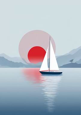 Minimalist Sailboat at Sunset Sea Beach