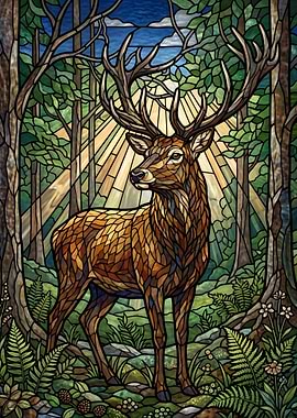 Stained Glass Deer in Forest