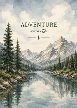 Adventure Awaits Mountain Lake Watercolor