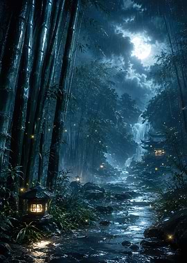 Moonlit Bamboo Forest Waterfall Scene