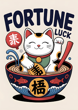 Lucky Cat Maneki Neko Ramen Bowl Illustration