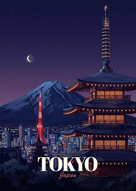 Tokyo Nightscape with Pagoda and Fuji mount