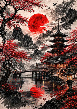 Red Moon Over Japanese Pagoda