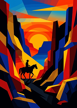 Geometric Cowboy Riding Through Canyon