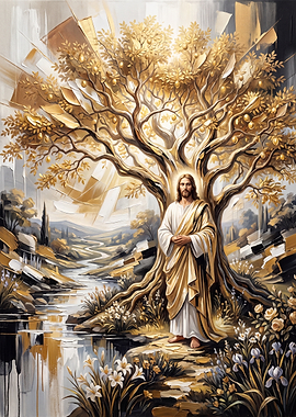 Jesus Standing by Golden Tree