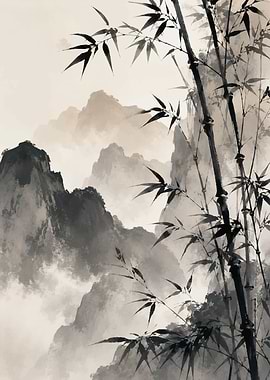 Traditional Ink Wash Bamboo Mountain Landscape
