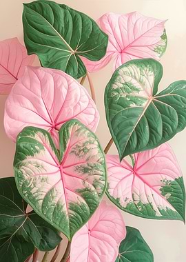 Vibrant Pink and Green Caladium Leaves