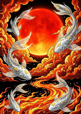 Silver Koi Fish Under Red Moon