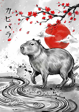 Capybara in Traditional Japanese Ink Style