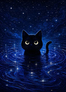 Black Cat in Starry Water