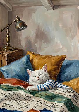 Sleeping Cat in Striped Shirt