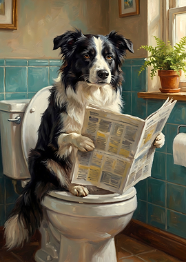 Border Collie Reading Newspaper on Toilet