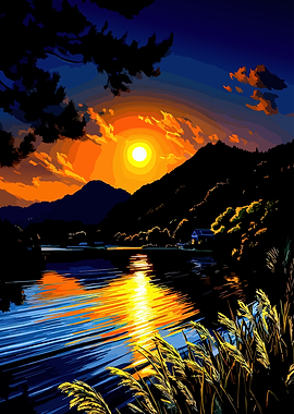 Vibrant Sunset Over Mountain Lake