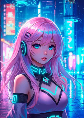 Cyberpunk Anime Girl in Neon City
